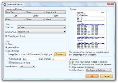 Customize reports window